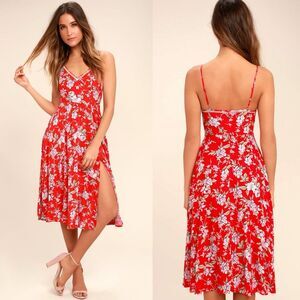 Lulus Esperanza Red Floral Print Midi Dress Large
